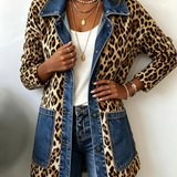 Selma | Giacca lunga a contrasto con stampa leopardata e finiture in denim — 1
