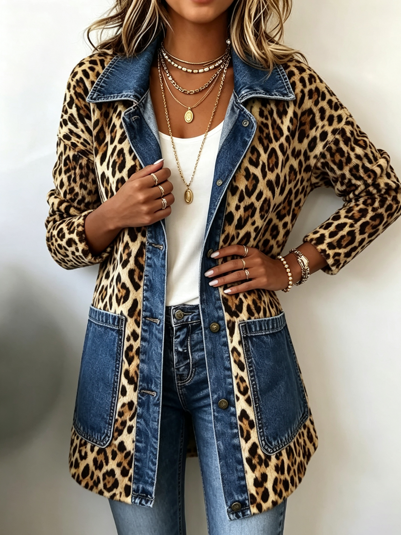 Selma | Giacca lunga a contrasto con stampa leopardata e finiture in denim — 1