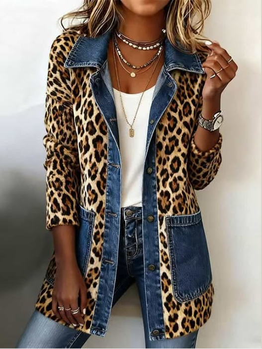 Selma | Giacca lunga a contrasto con stampa leopardata e finiture in denim — 2