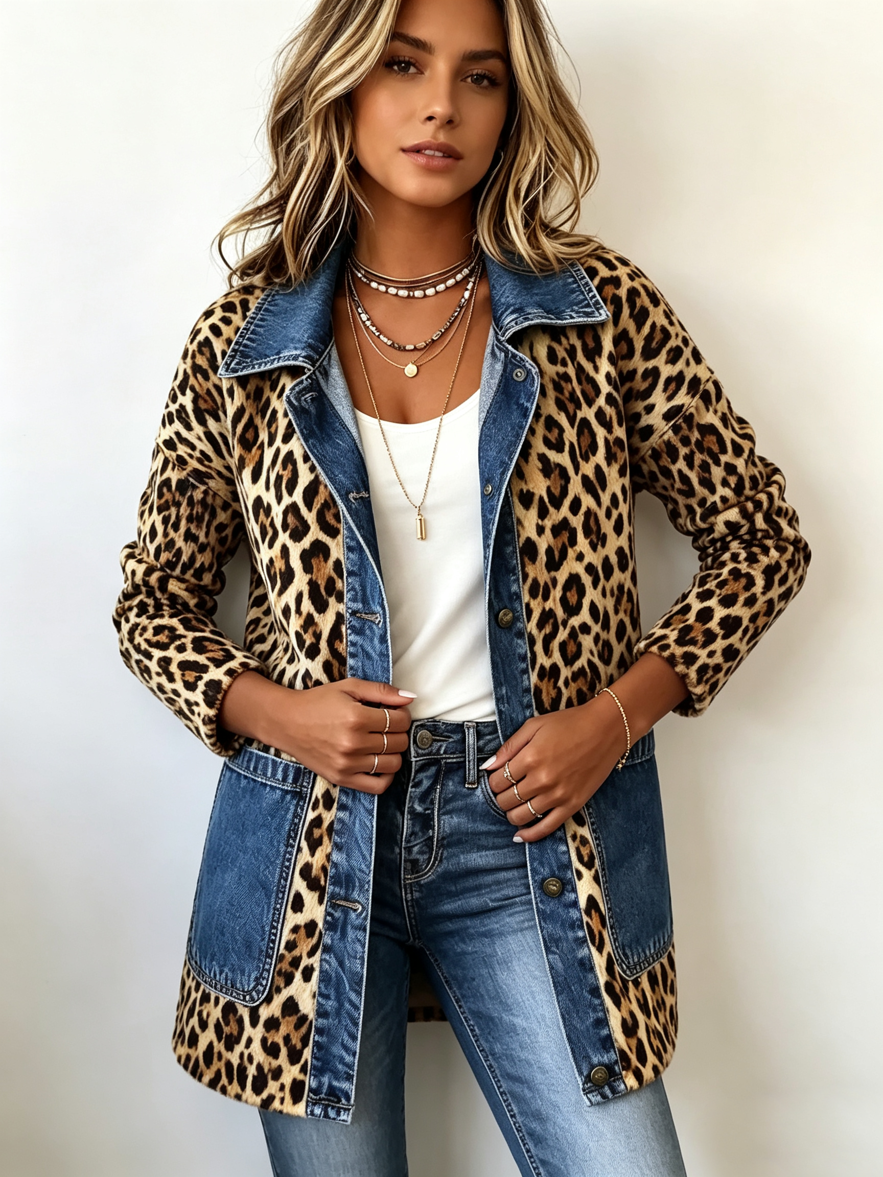 Selma | Giacca lunga a contrasto con stampa leopardata e finiture in denim — 3