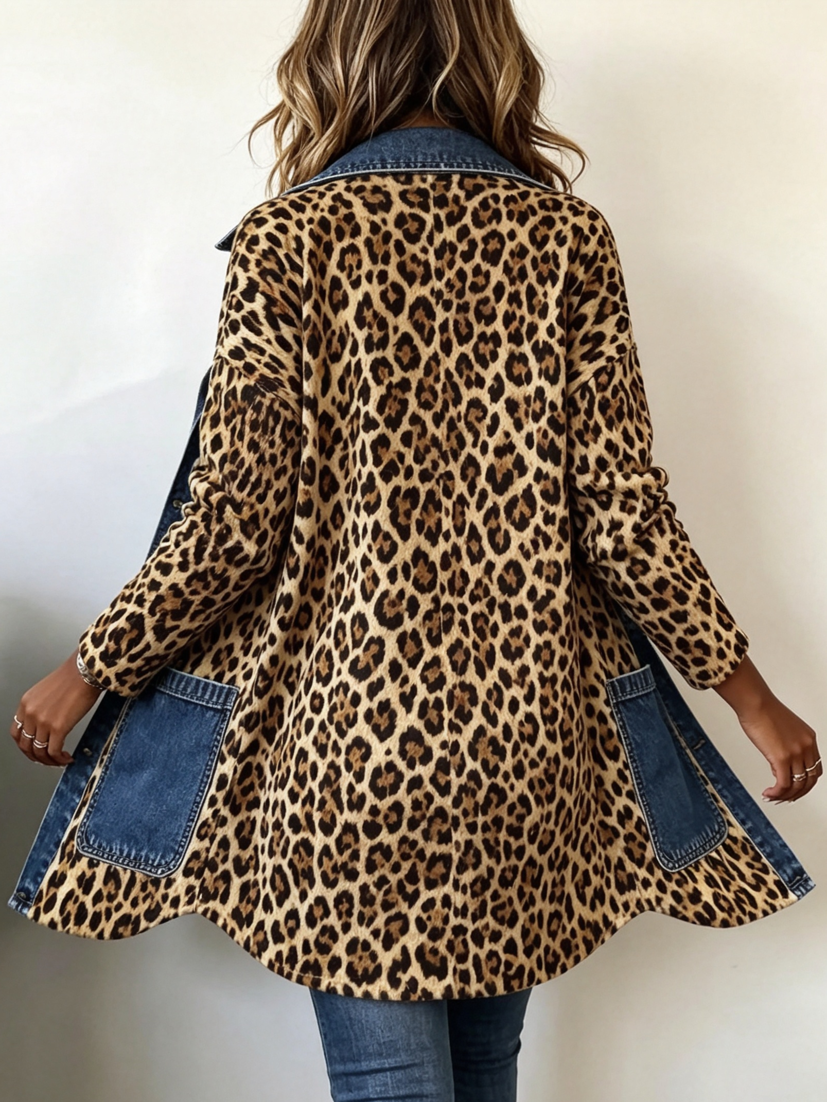 Selma | Giacca lunga a contrasto con stampa leopardata e finiture in denim — 4