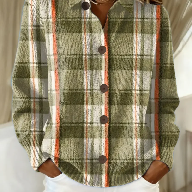 Helene | Cardigan a quadri verde oliva con bottoni — 1
