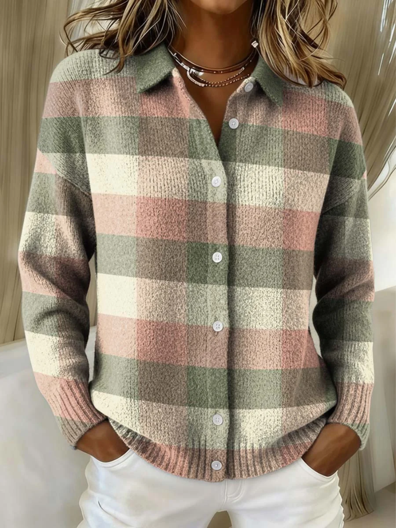 Greta | Cardigan in maglia a quadri color pastello — 1