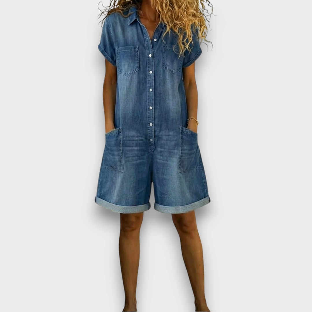 Kathrin - Salopette corta vintage in cotone dall'aspetto denim — 1