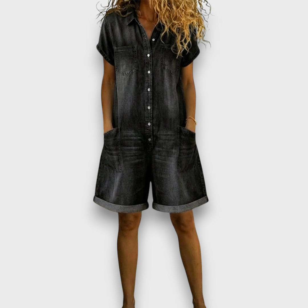 Kathrin - Salopette corta vintage in cotone dall'aspetto denim — 3