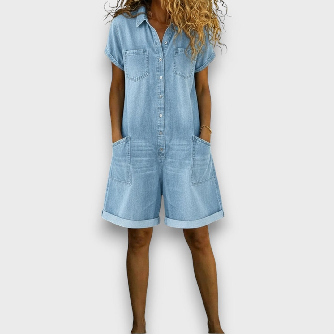 Kathrin - Salopette corta vintage in cotone dall'aspetto denim — 6