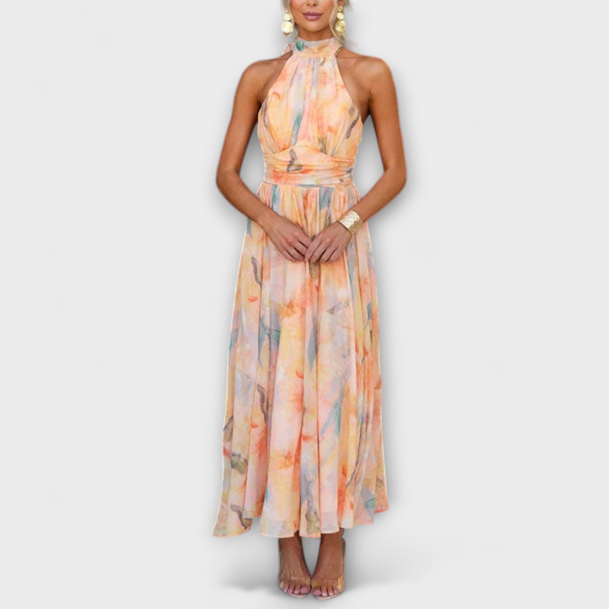 Eleonore | Abito lungo con stampa acquerello e scollo all'americana — 1