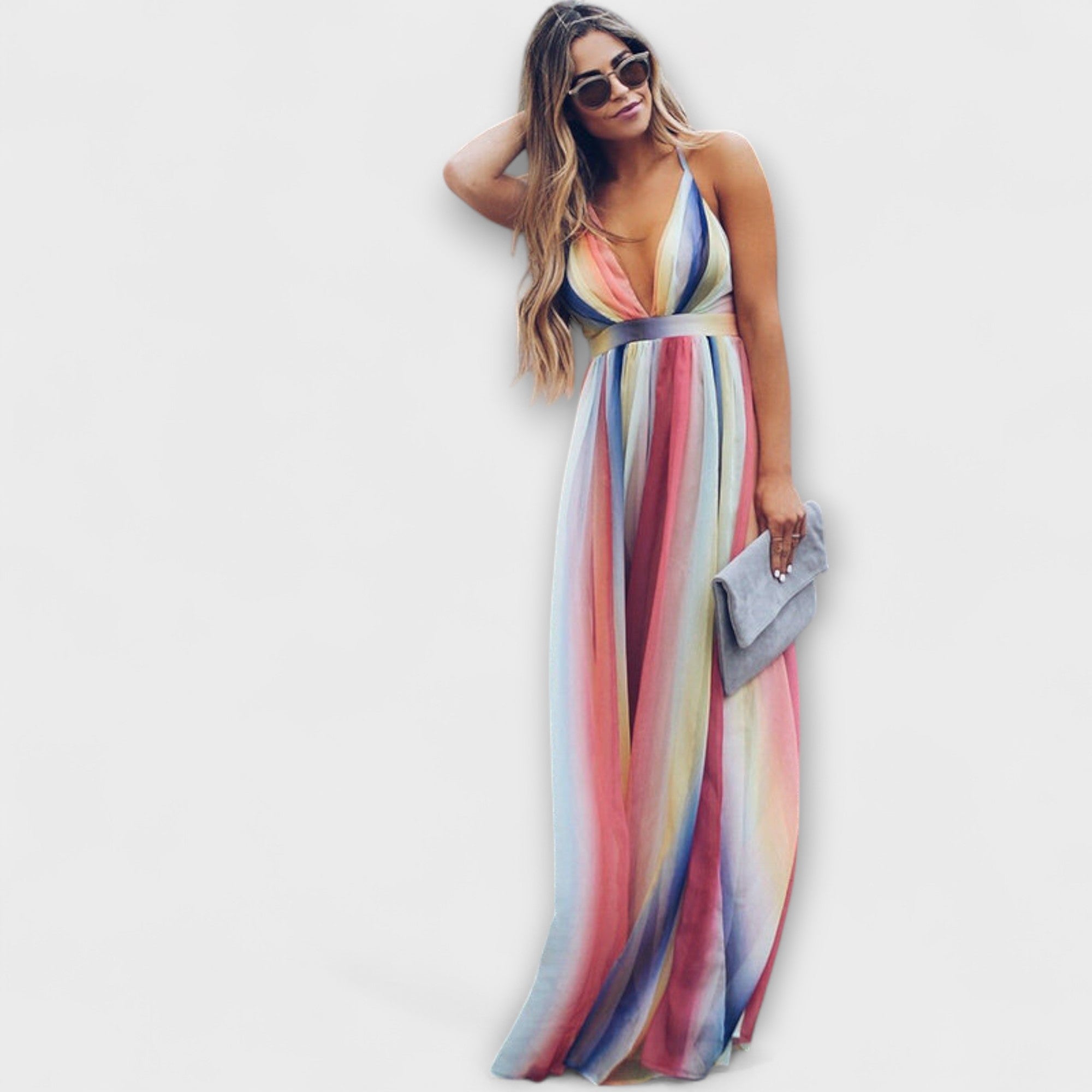 Rita | Abito da donna a righe multicolori con scollo a V — 1
