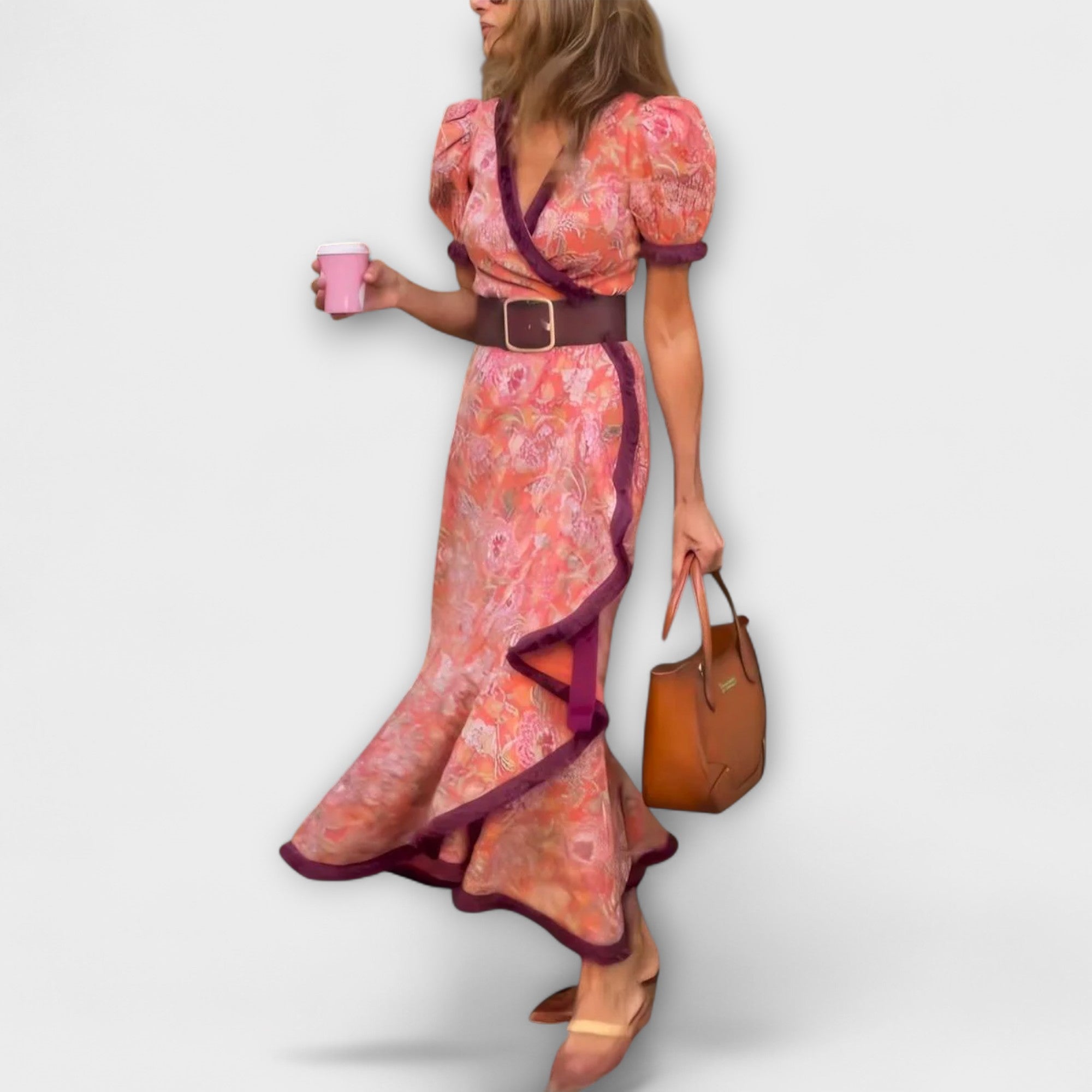 Ursula | Elegante maxi abito rosa con maniche corte — 1
