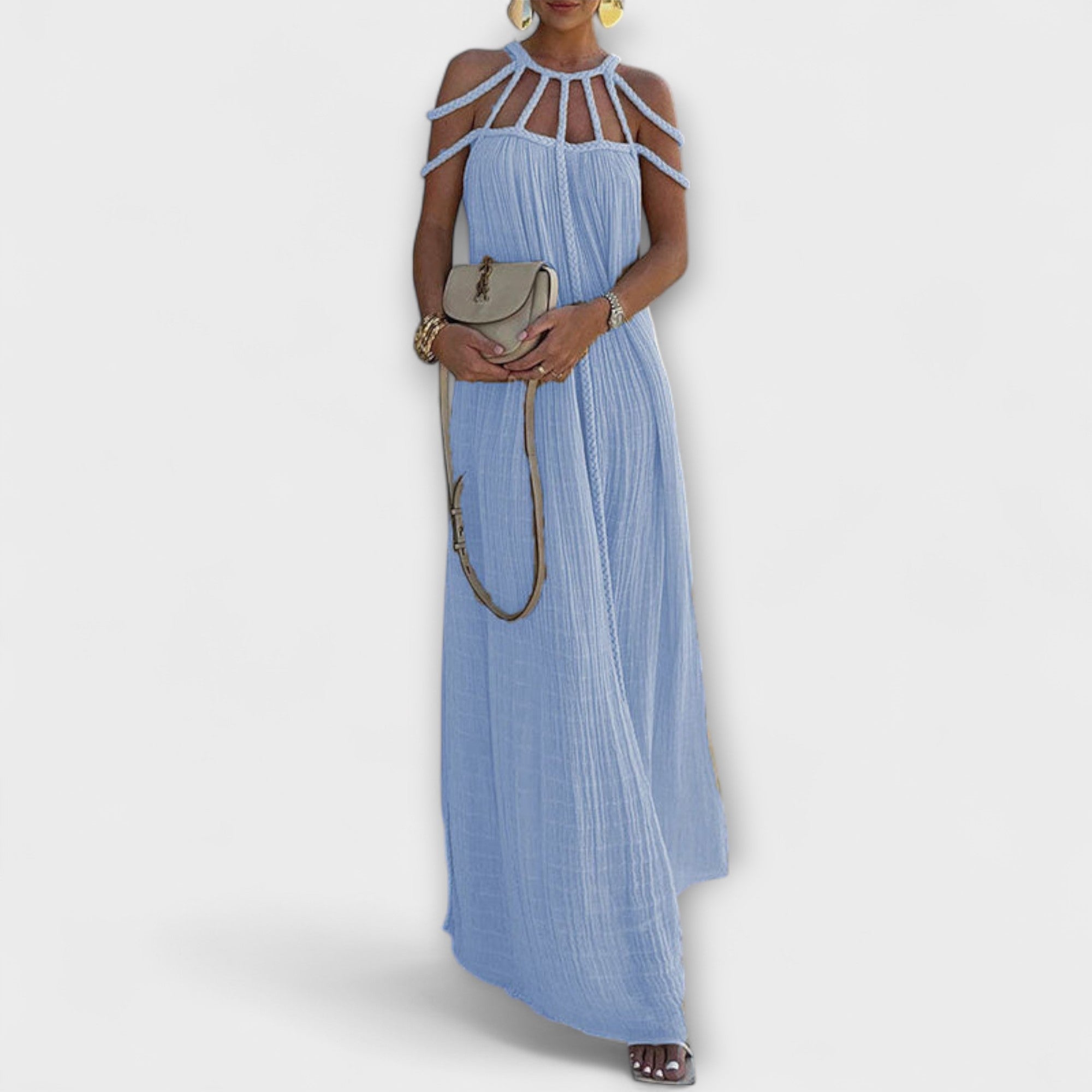 Klara | Un maxi abito chic in tessuto misto con trecce drappeggiate — 4