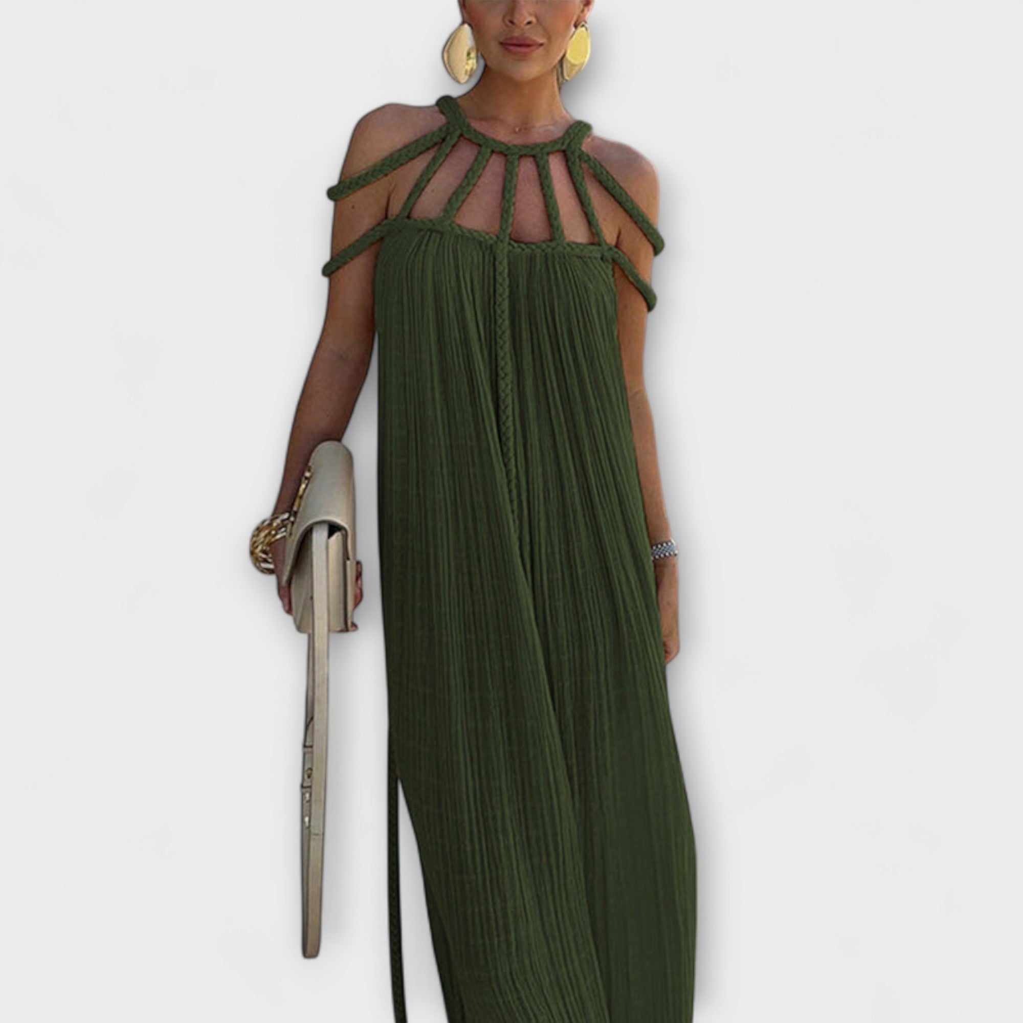 Klara | Un maxi abito chic in tessuto misto con trecce drappeggiate — 7