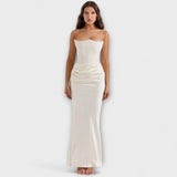 Lina | Maxi abito in raso drappeggiato con spalle scoperte — 5