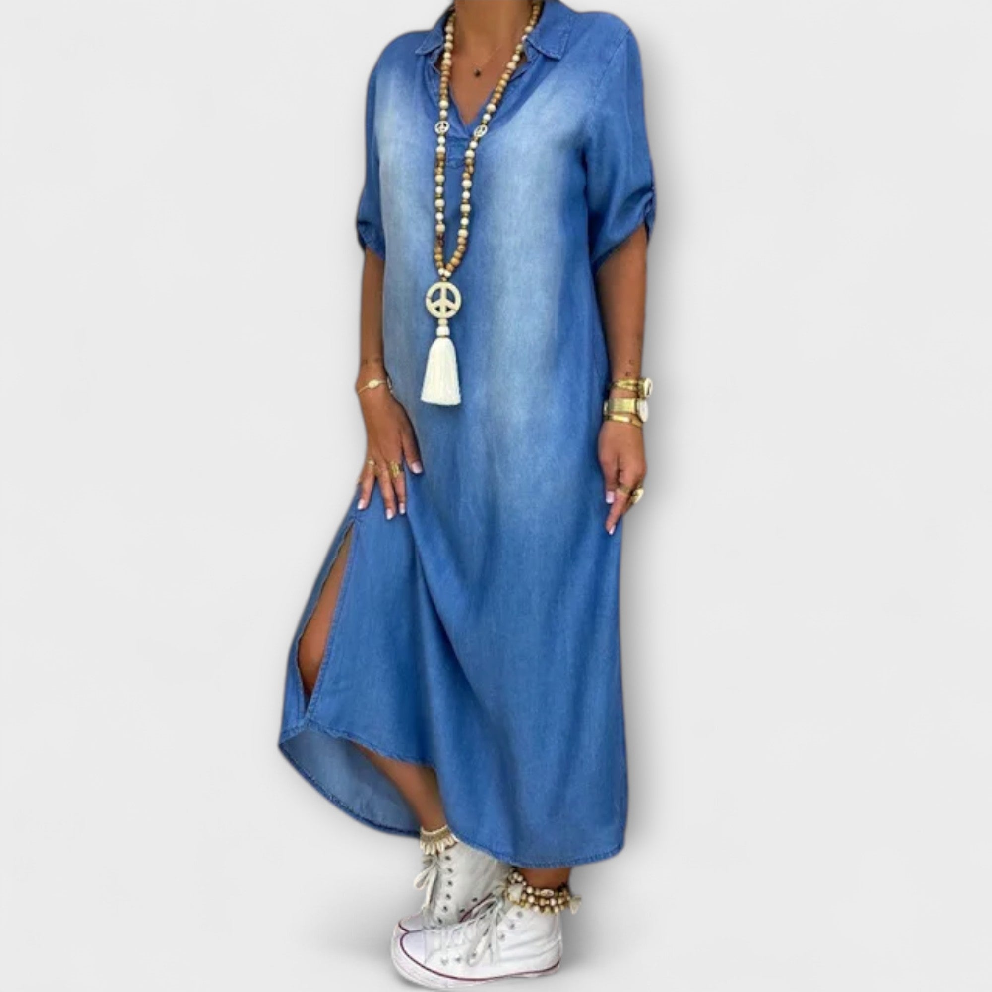 Gunda | Abito lungo effetto denim con spacco laterale — 3