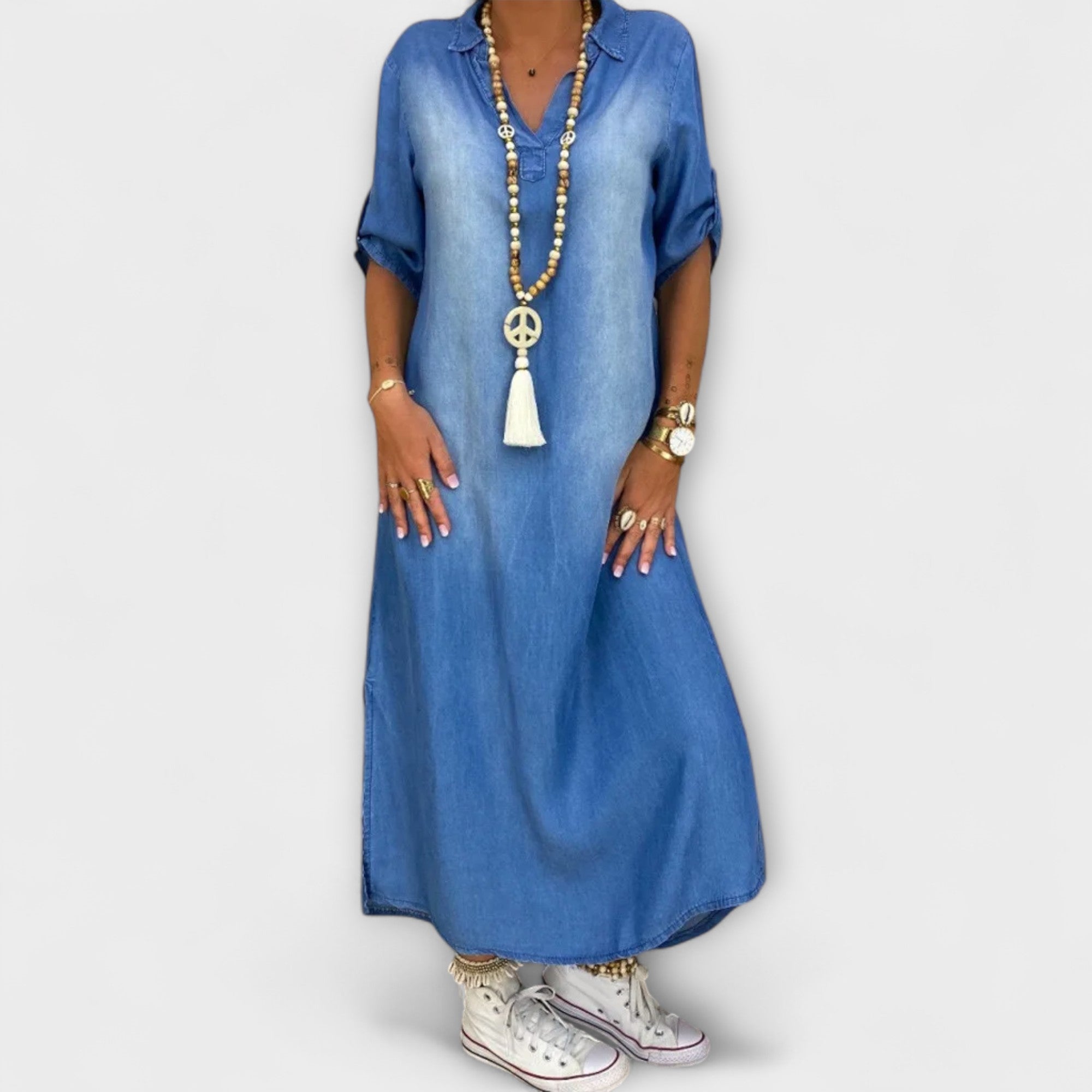 Gunda | Abito lungo effetto denim con spacco laterale — 4