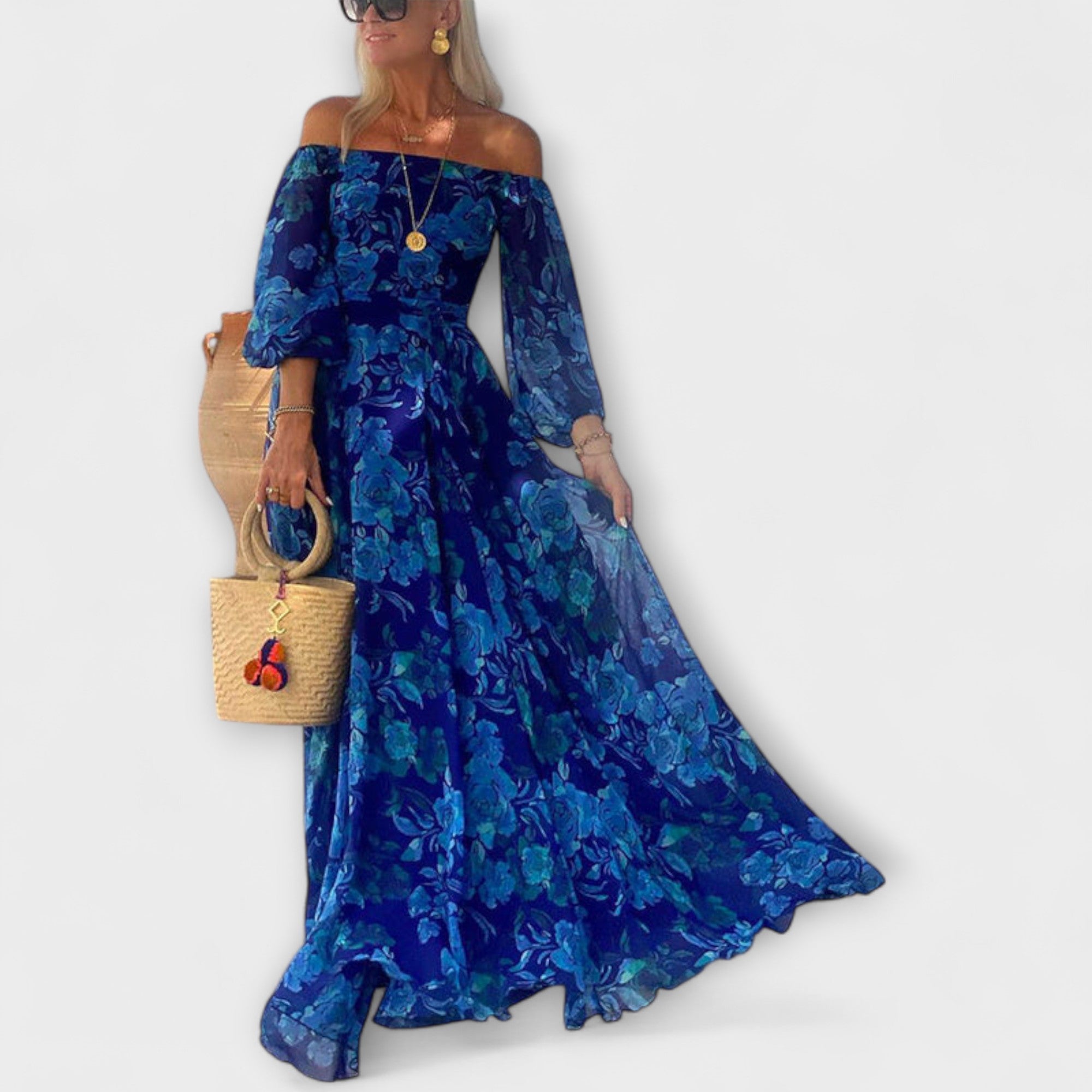 Elsa | Maxi abito floreale con spalle scoperte e motivo smock — 1