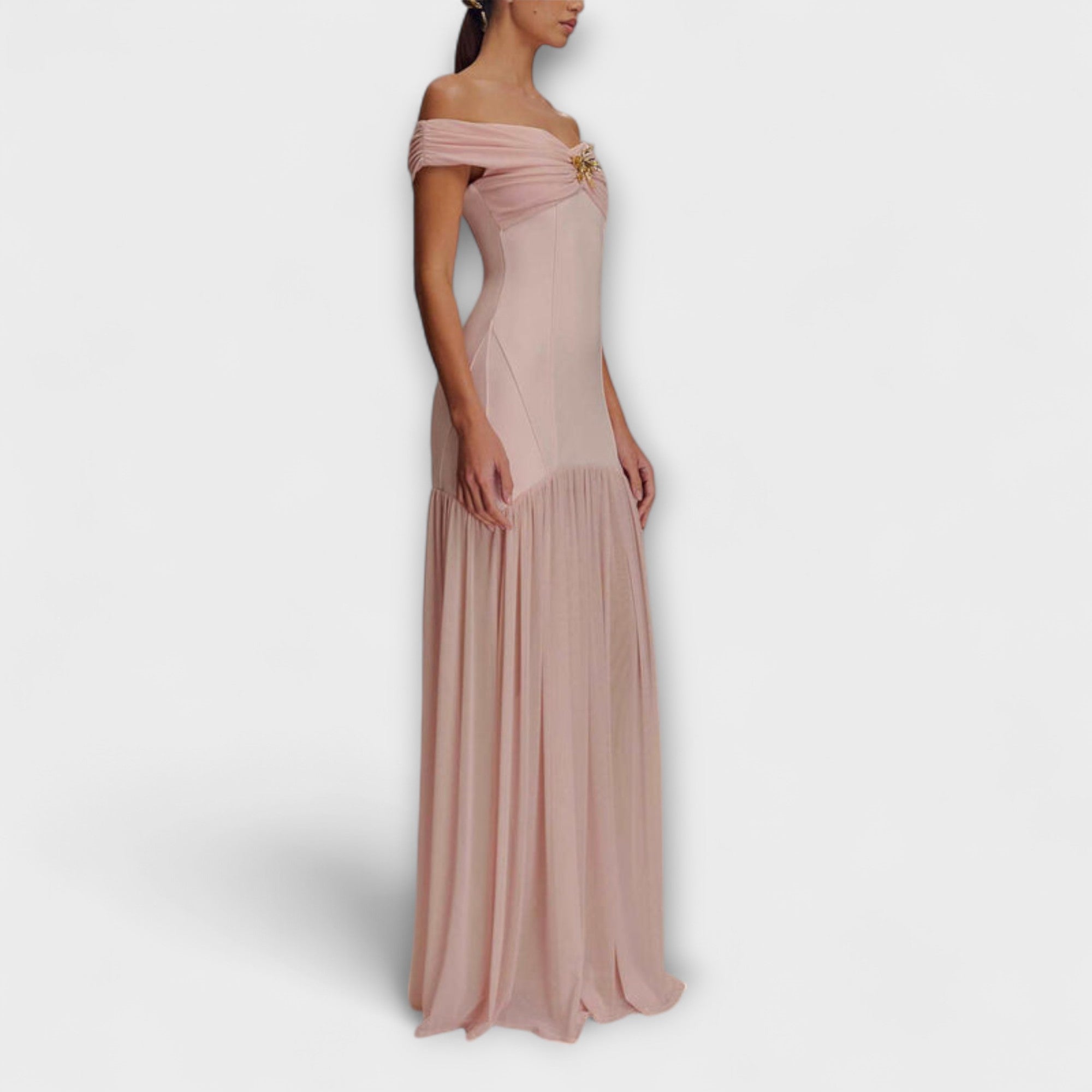 Marie | Maxi abito aderente senza spalline chic con decorazioni floreali — 2