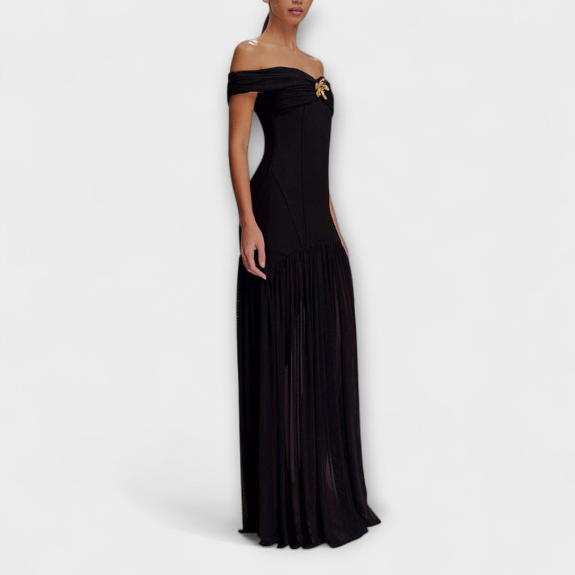 Marie | Maxi abito aderente senza spalline chic con decorazioni floreali — 4