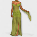 Valerie | Abito lungo verde oliva con scollo a V — 1