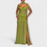 Valerie | Abito lungo verde oliva con scollo a V — 2