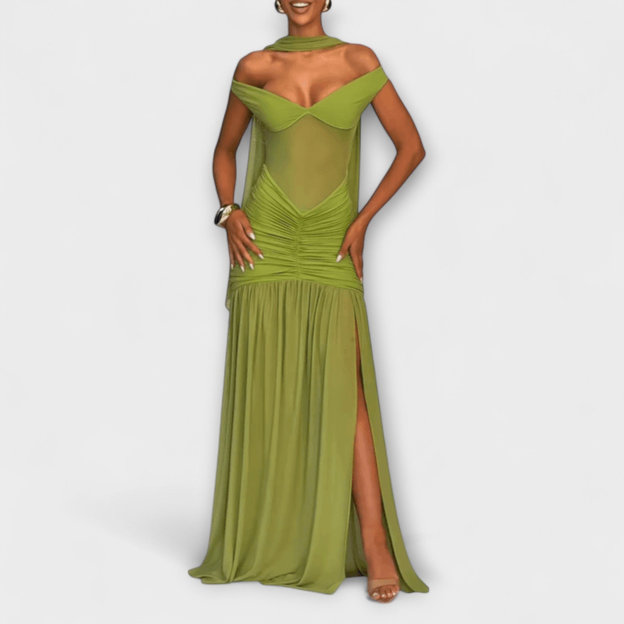 Valerie | Abito lungo verde oliva con scollo a V — 2