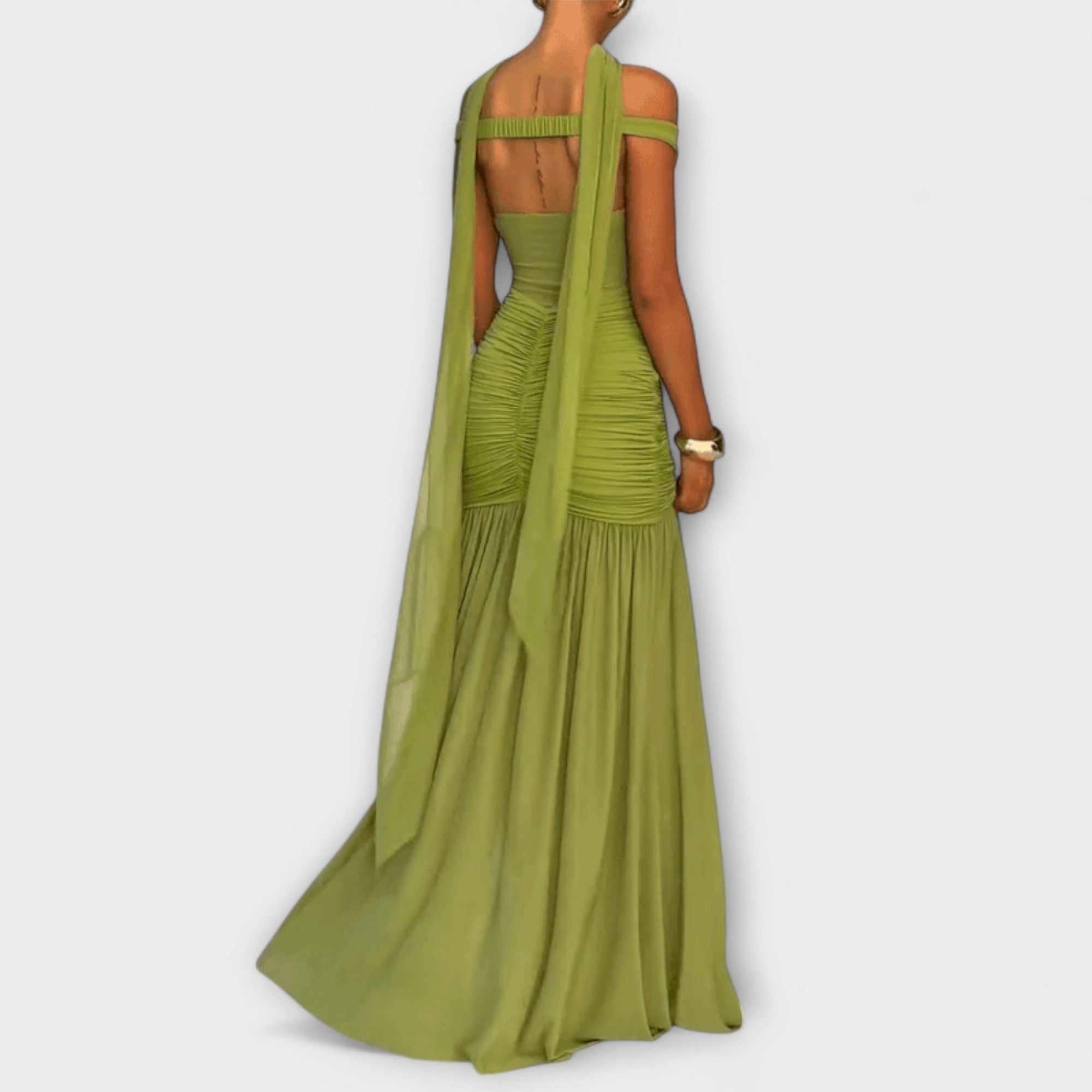 Valerie | Abito lungo verde oliva con scollo a V — 3