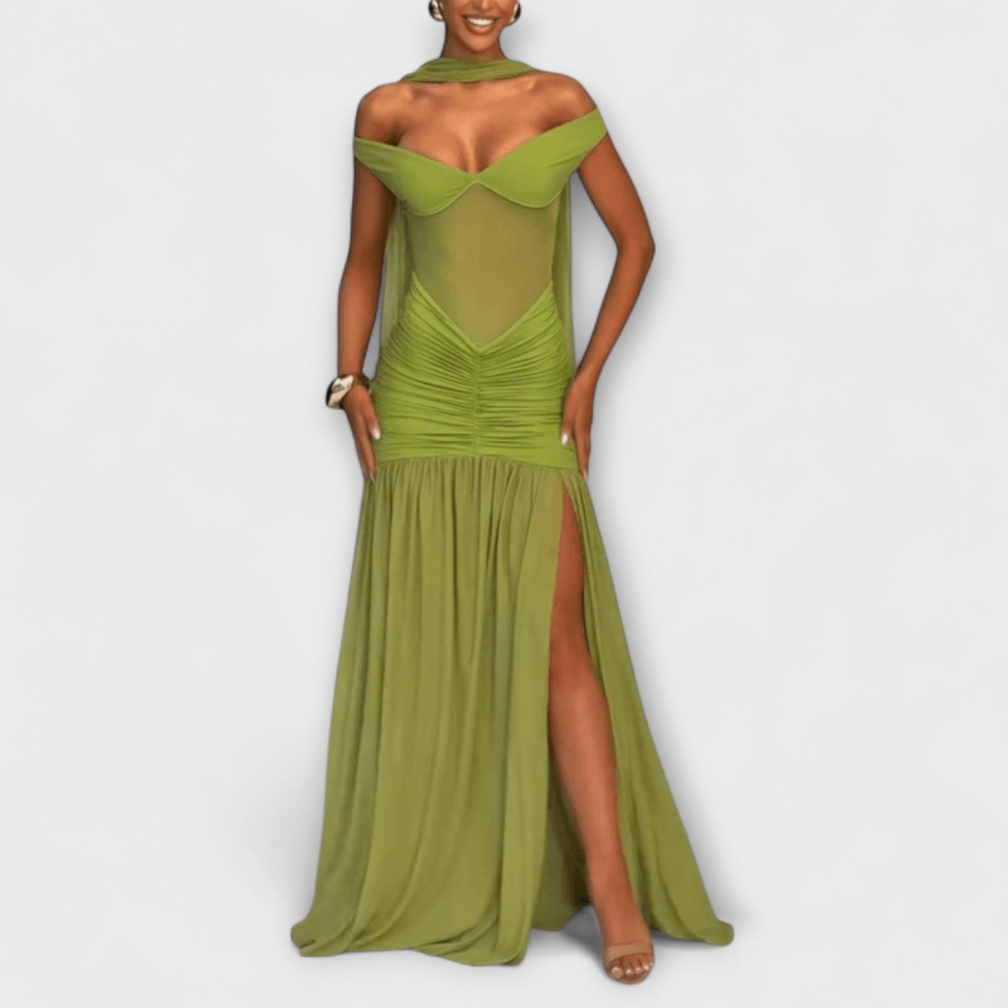 Valerie | Abito lungo verde oliva con scollo a V — 4