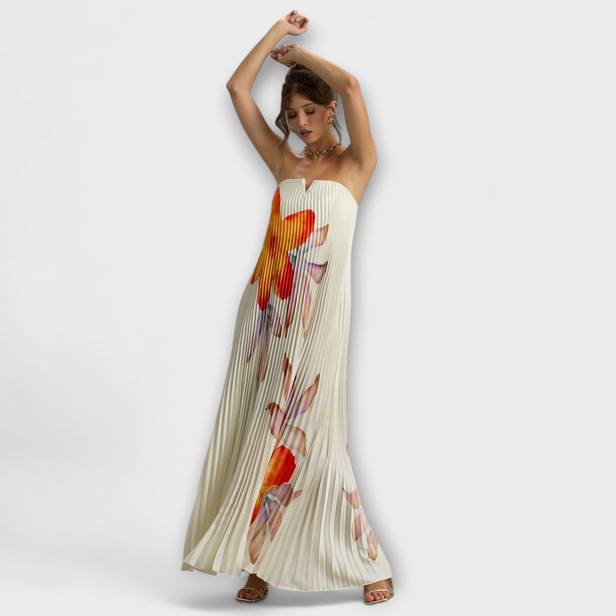 Selina | Maxi abito a cuore con motivo floreale arancione — 3