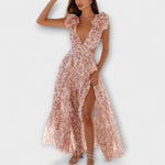 Tanja | Abito maxi con orli a volant e dettagli cut-out — 1