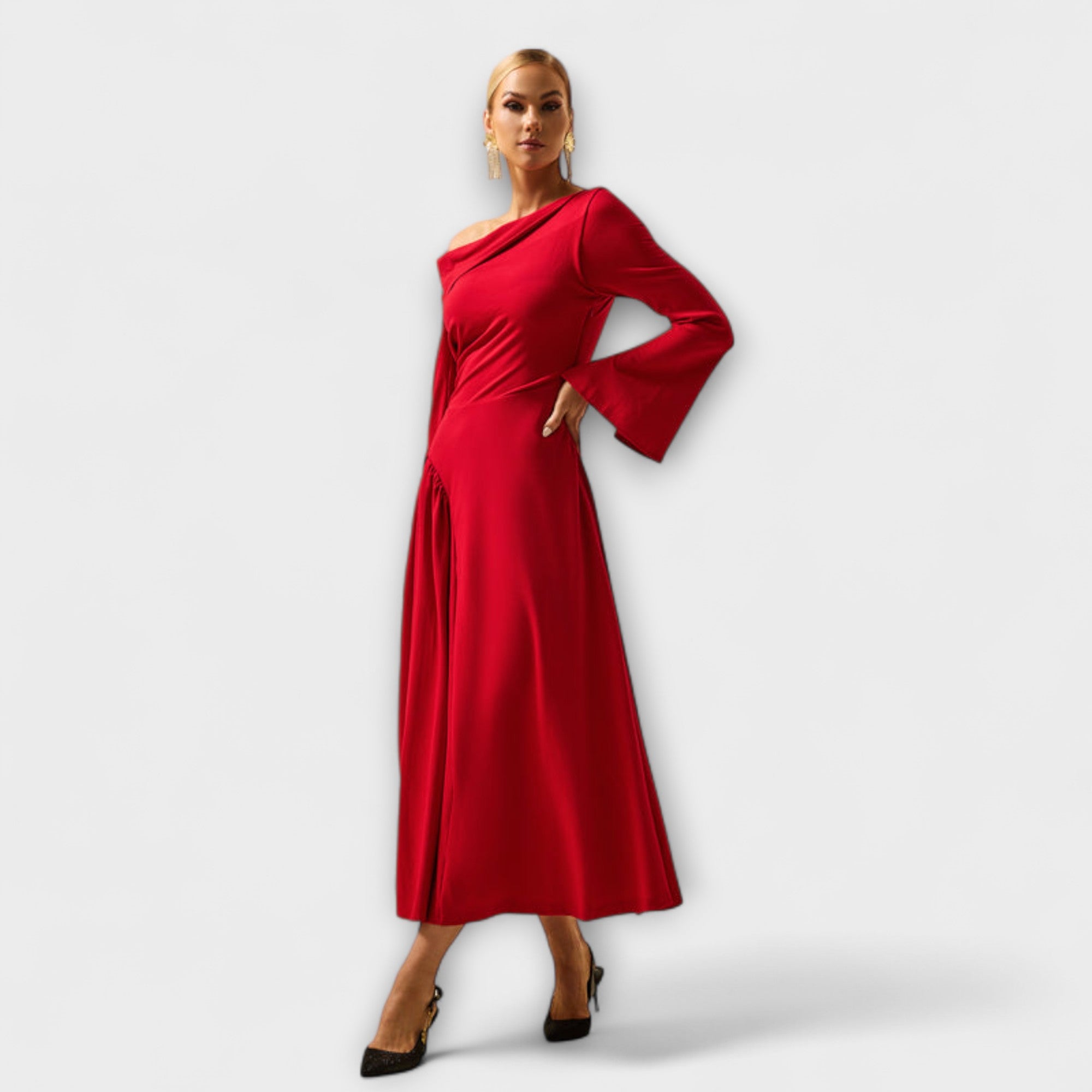 Hannah | Abito midi con spalle scoperte e maniche a palloncino con volant — 3