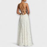 Margit | Maxi abito chic in pizzo floreale con spalline sottili — 2