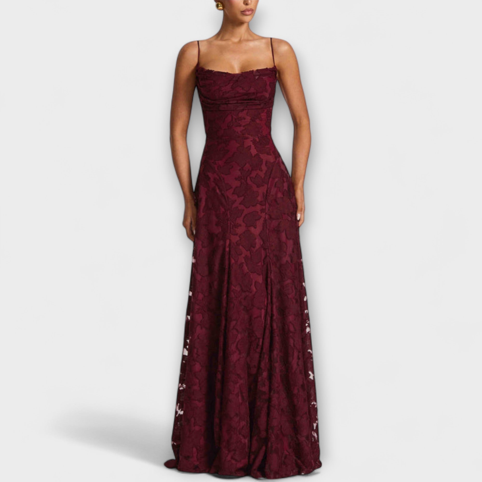 Margit | Maxi abito chic in pizzo floreale con spalline sottili — 3