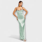 Lia | Abito in satin decorato con spalline allacciate sul retro — 3