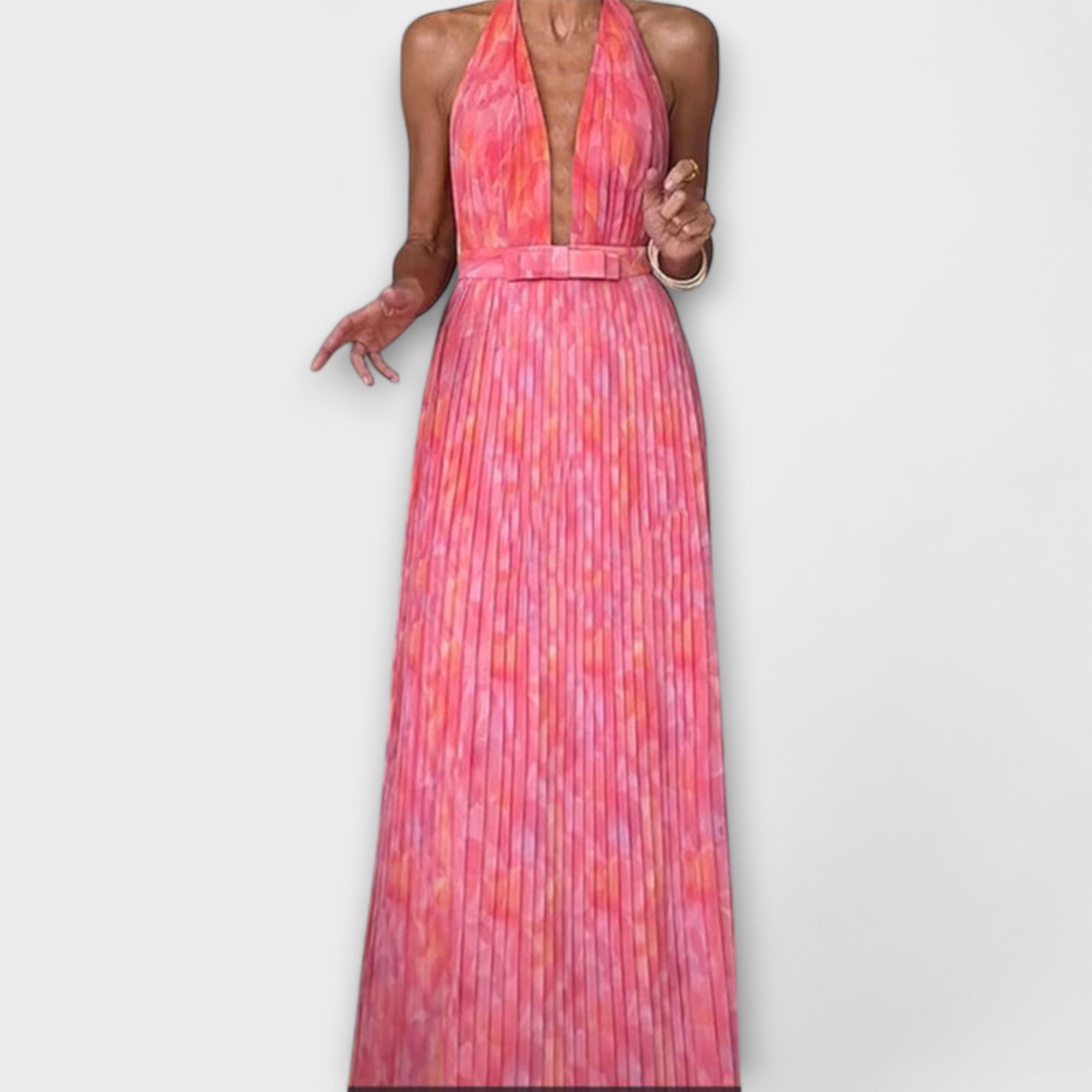 Mathilda | Abito maxi plissettato con scollo a V e scollo all'americana chic — 2