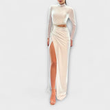 Ruth | Abito bianco a maniche lunghe con vita ritagliata e dettagli in strass — 1
