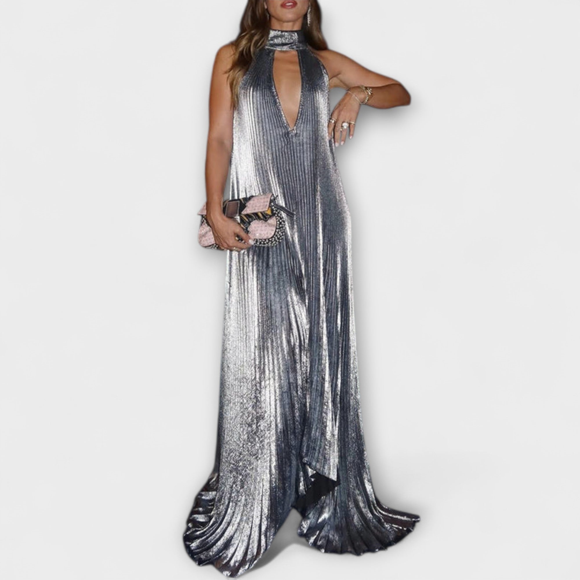 Anke | Maxi abito a trapezio con pieghe metallizzate — 3