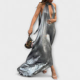Anke | Maxi abito a trapezio con pieghe metallizzate — 4