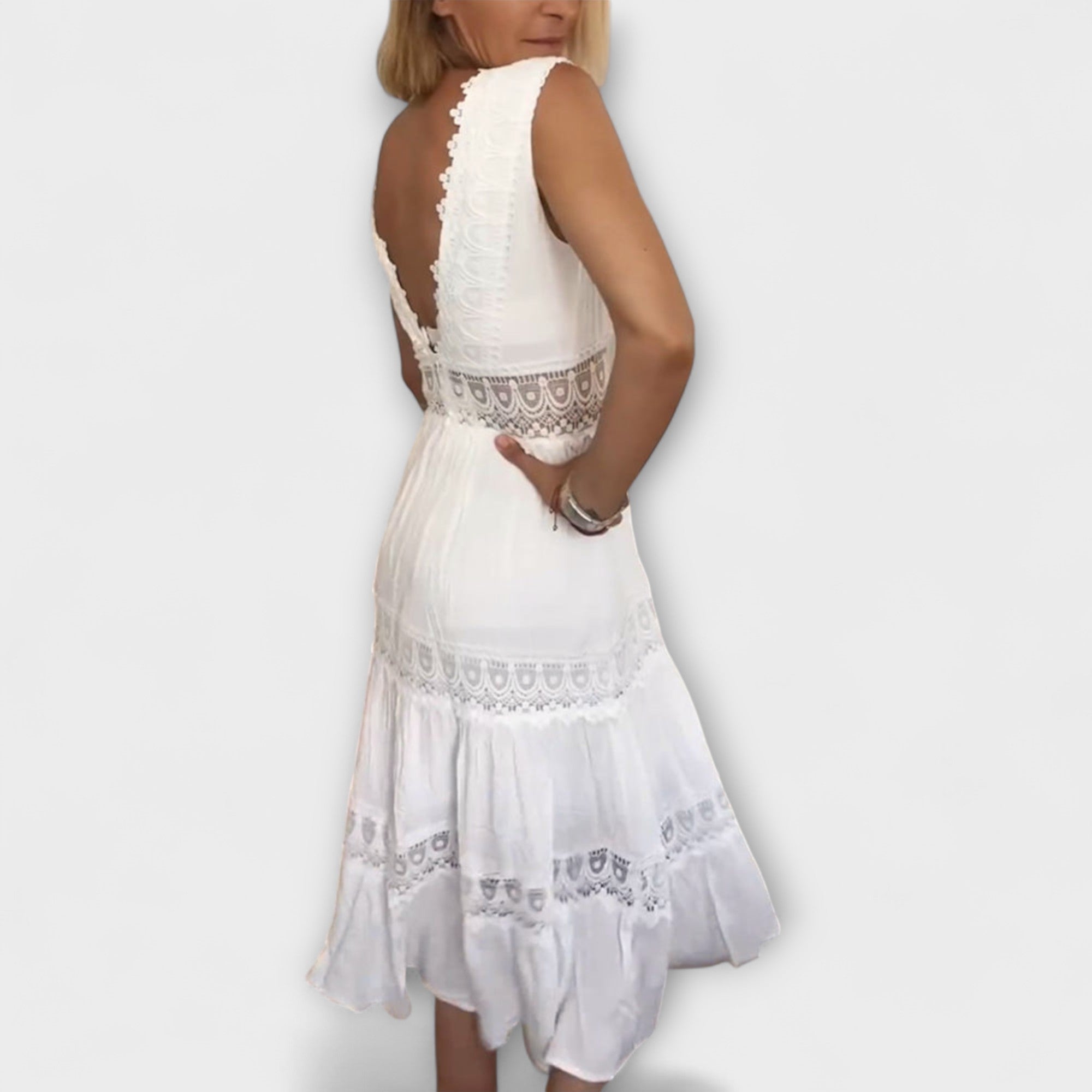 Solveig | Ninfea Abito midi boho senza maniche con dettagli in pizzo — 2