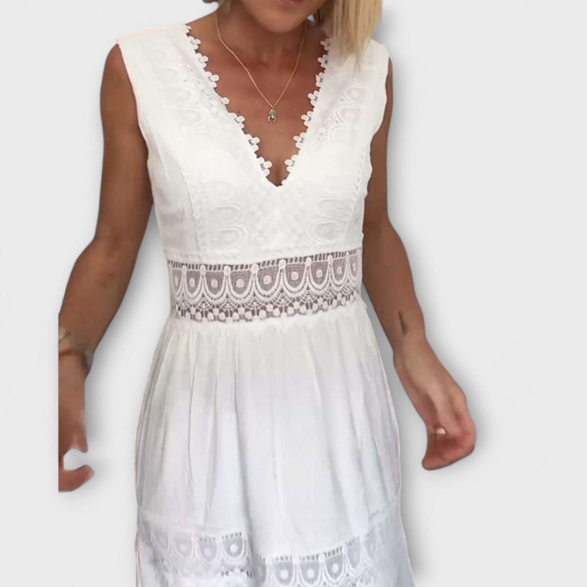 Solveig | Ninfea Abito midi boho senza maniche con dettagli in pizzo — 3
