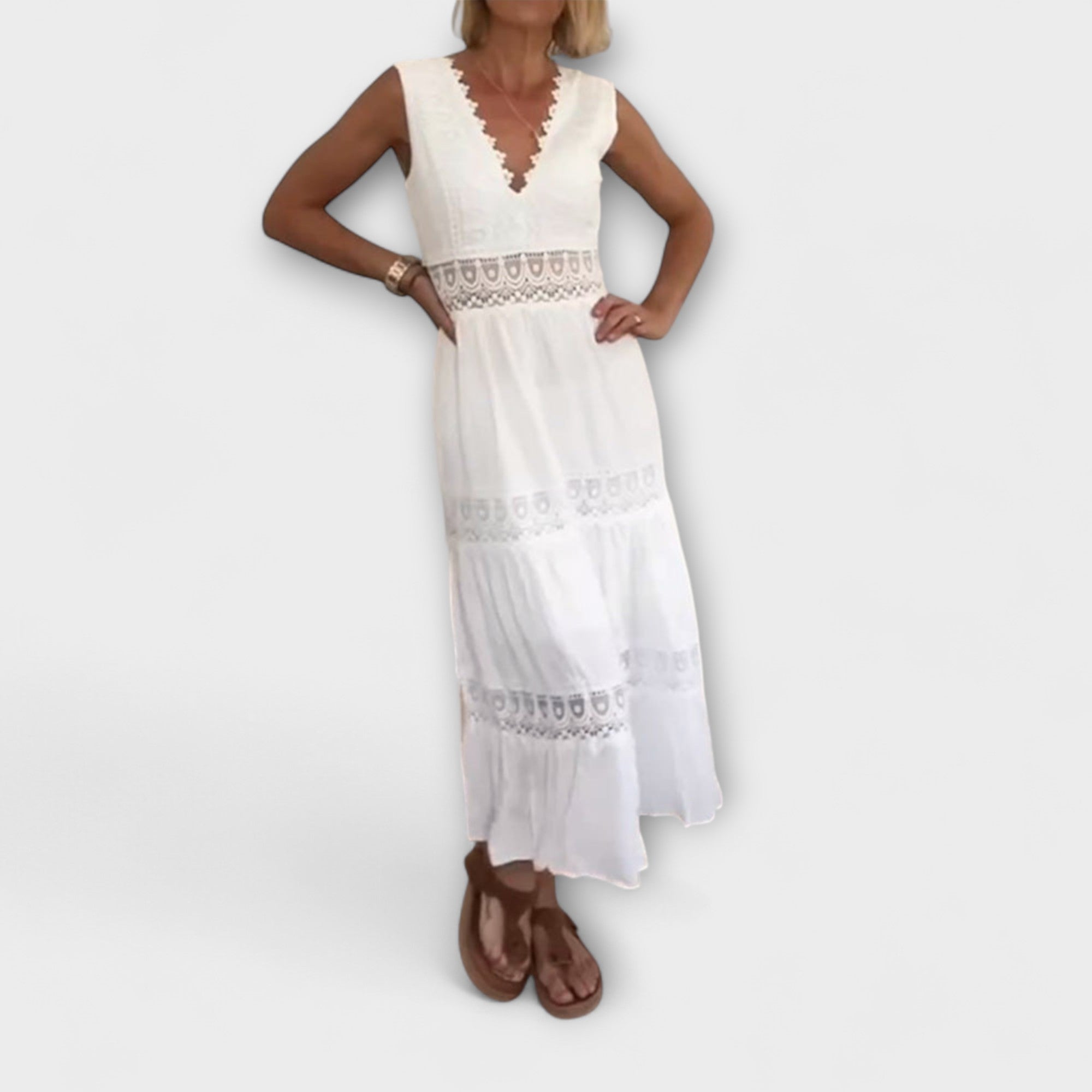 Solveig | Ninfea Abito midi boho senza maniche con dettagli in pizzo — 4
