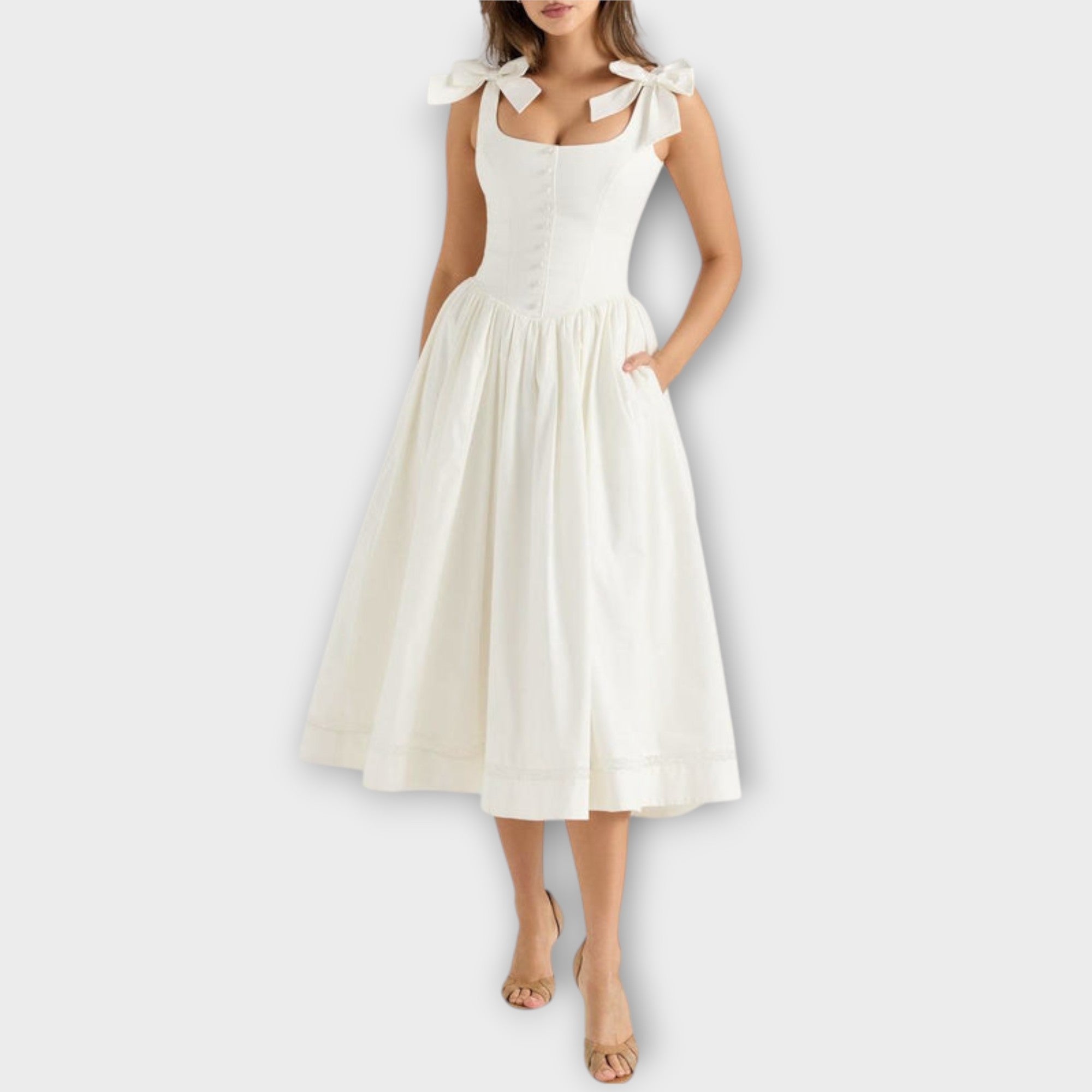 Karin | Abito midi bianco con dettaglio fiocco — 1