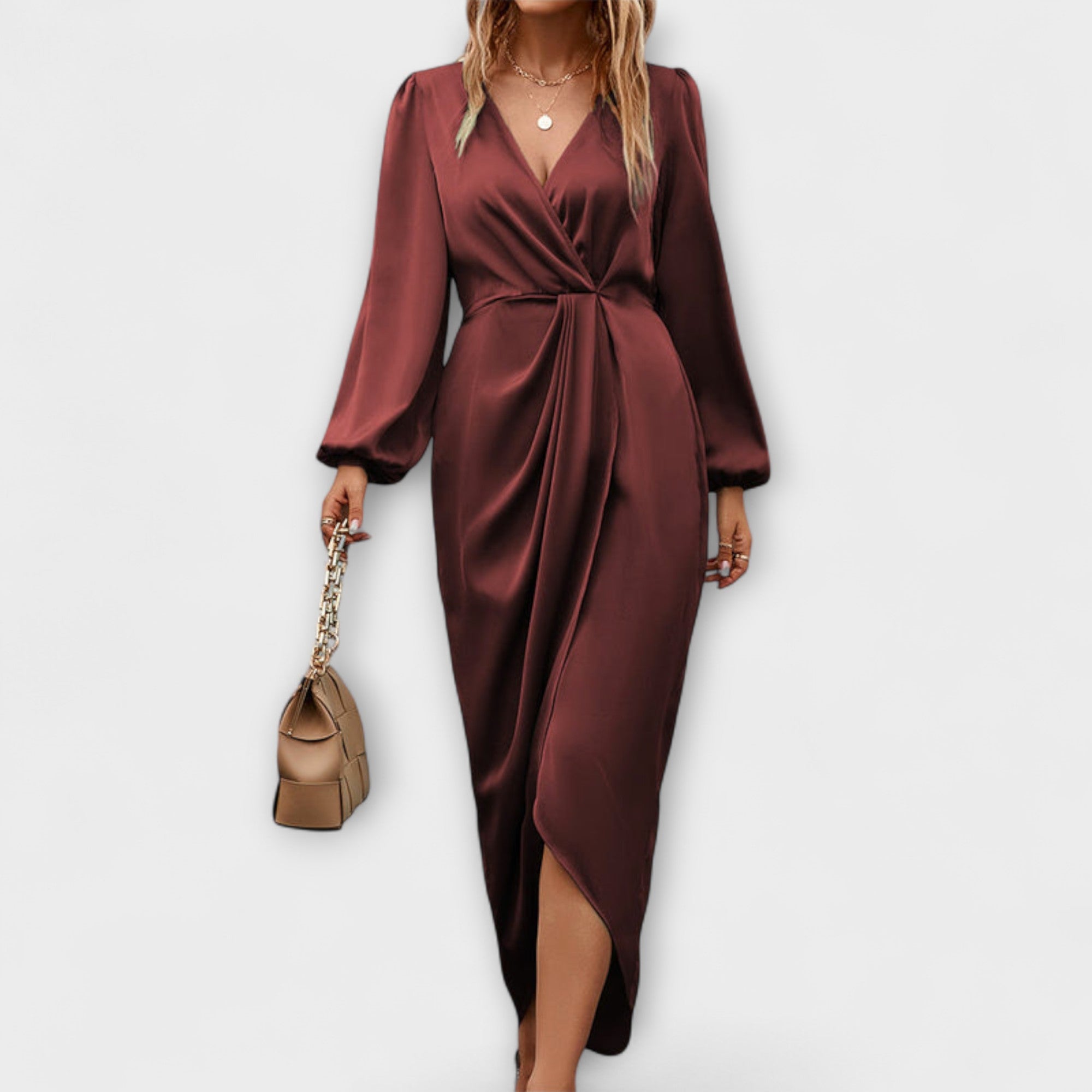 Dorothea | Abito a portafoglio fluido color cioccolato — 1