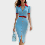 Josefine | Elegante abito tubino in maglia a costine color celeste — 1