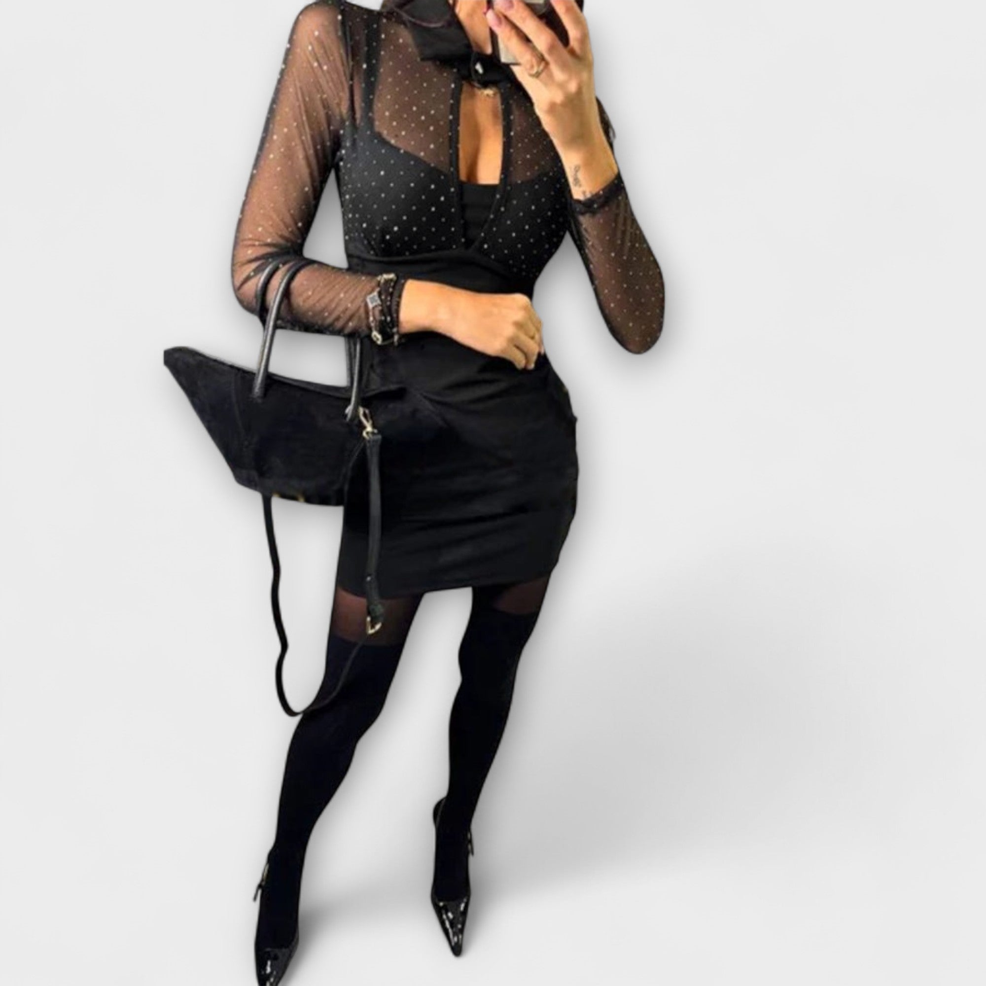 Jule | Mini abito con scollo in rete glitter e tessuto elasticizzato — 2