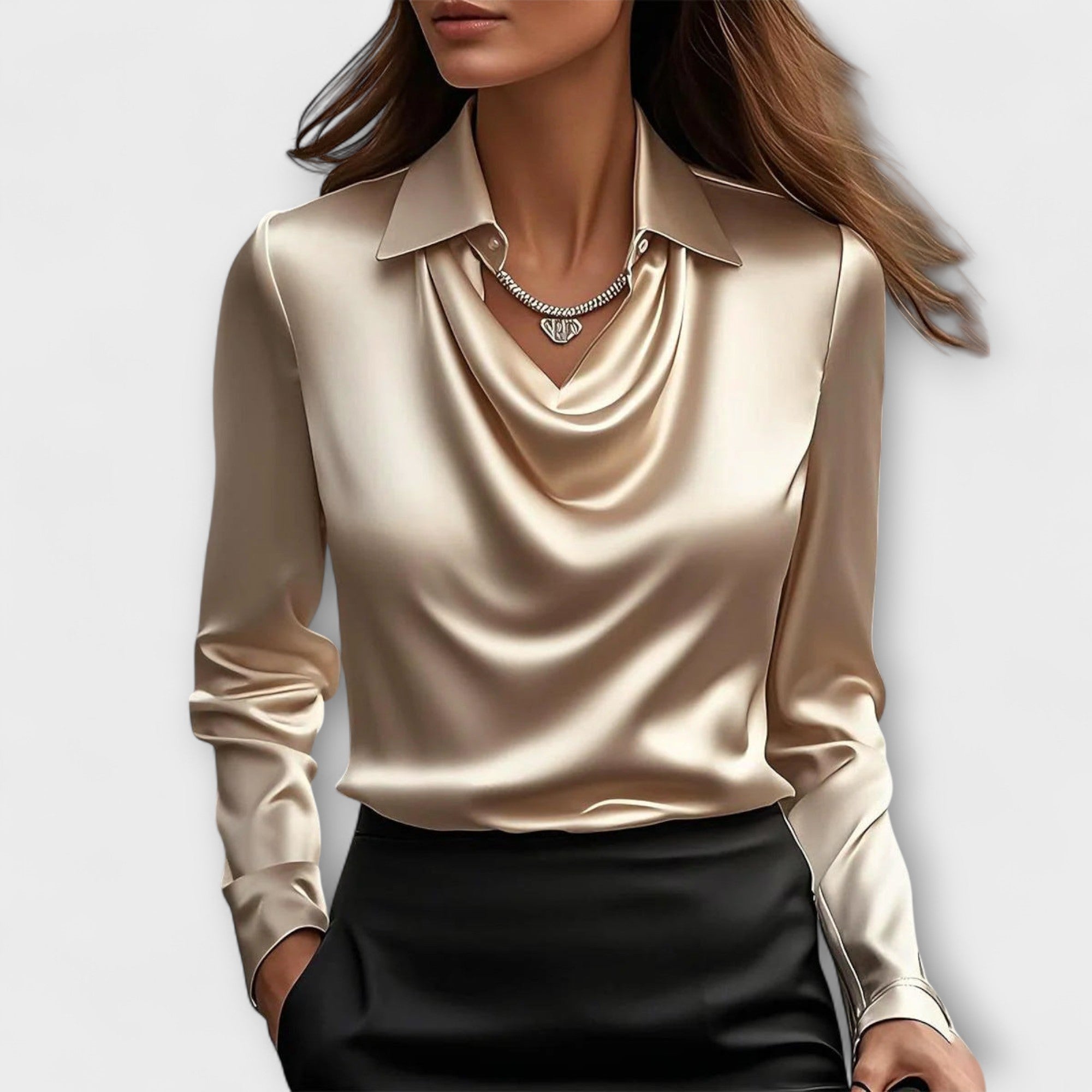Bianca | Blusa lucida con colletto arricciato — 1