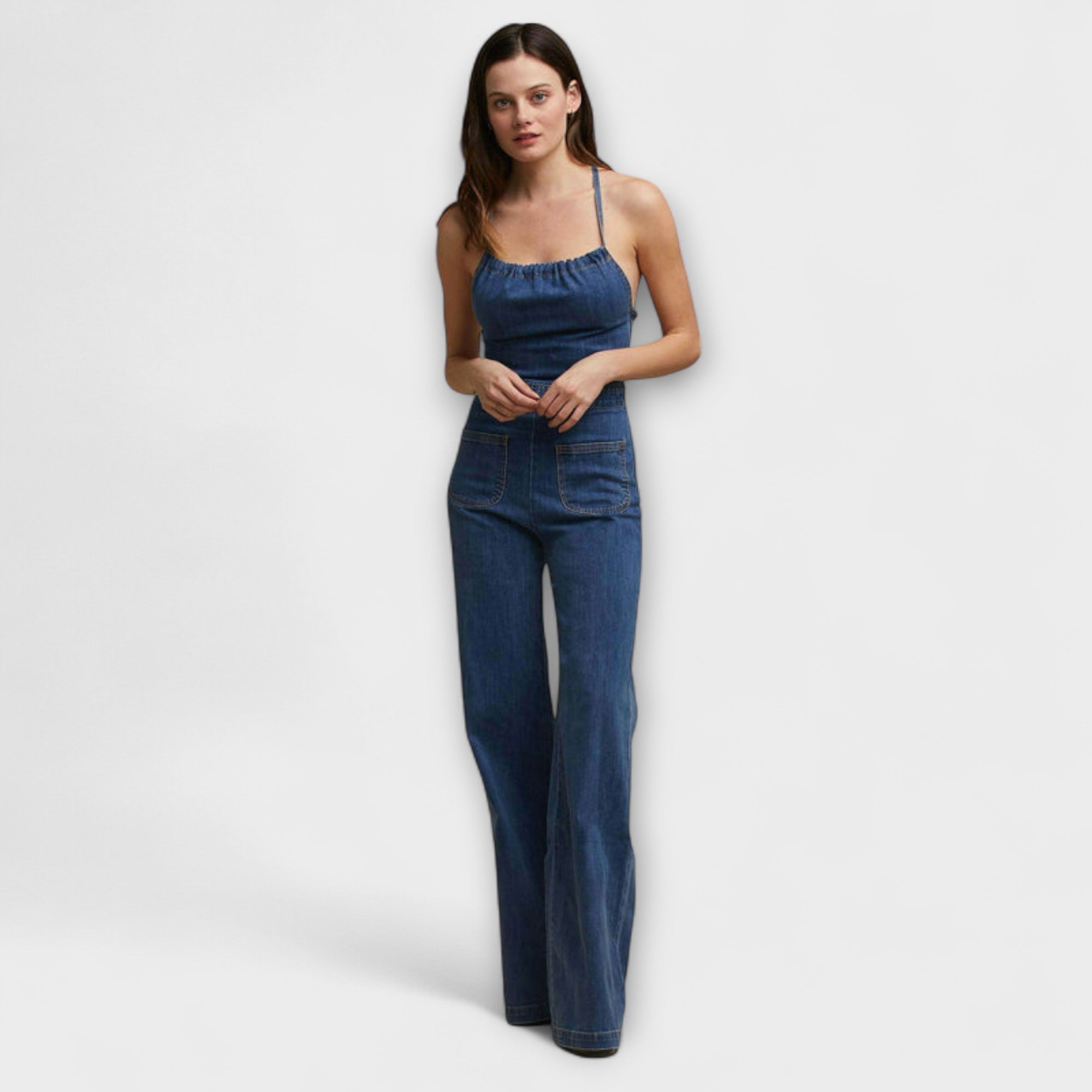 Stefanie | tuta in denim svasata con dettaglio cravatta — 1