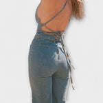 Stefanie | tuta in denim svasata con dettaglio cravatta — 4