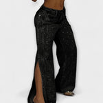 Thea | Jeans a vita alta con bottoni laterali decorati con strass — 1