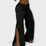Thea | Jeans a vita alta con bottoni laterali decorati con strass — 1