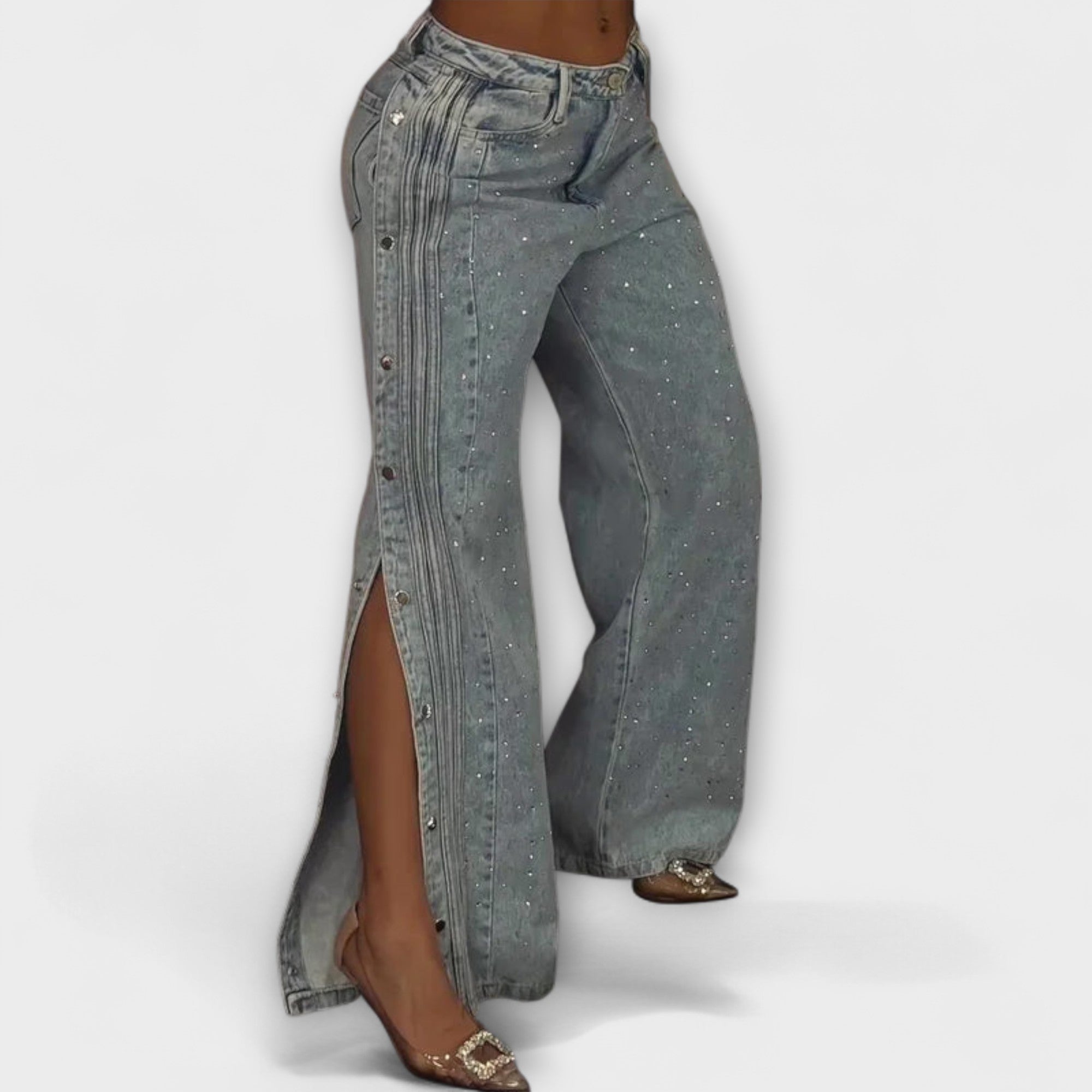 Thea | Jeans a vita alta con bottoni laterali decorati con strass — 2