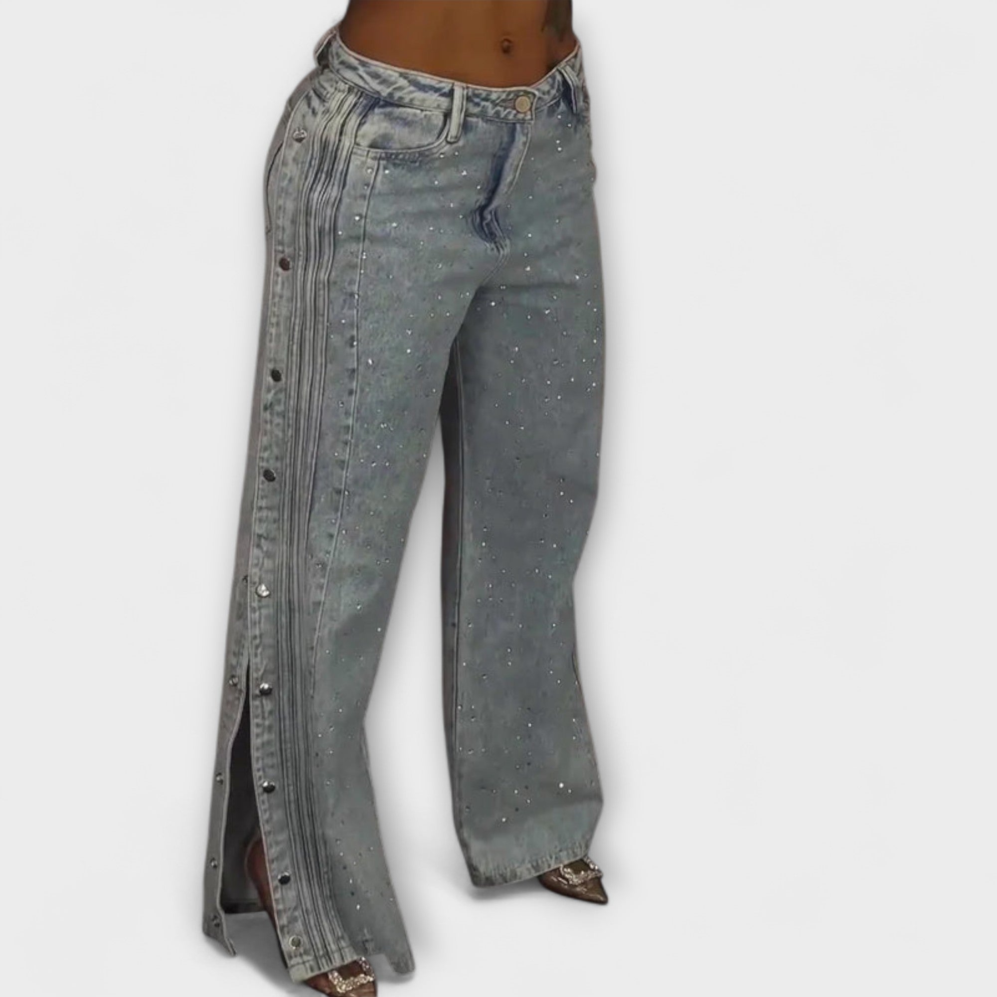 Thea | Jeans a vita alta con bottoni laterali decorati con strass — 3